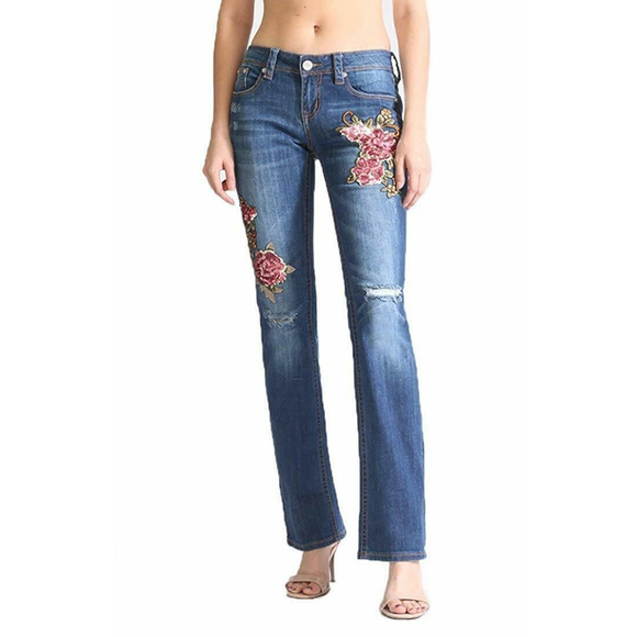 Grace in LA Women's Red Floral Embroidered Bootcut Stretch Jeans w/ Rips - Picture 1 of 4